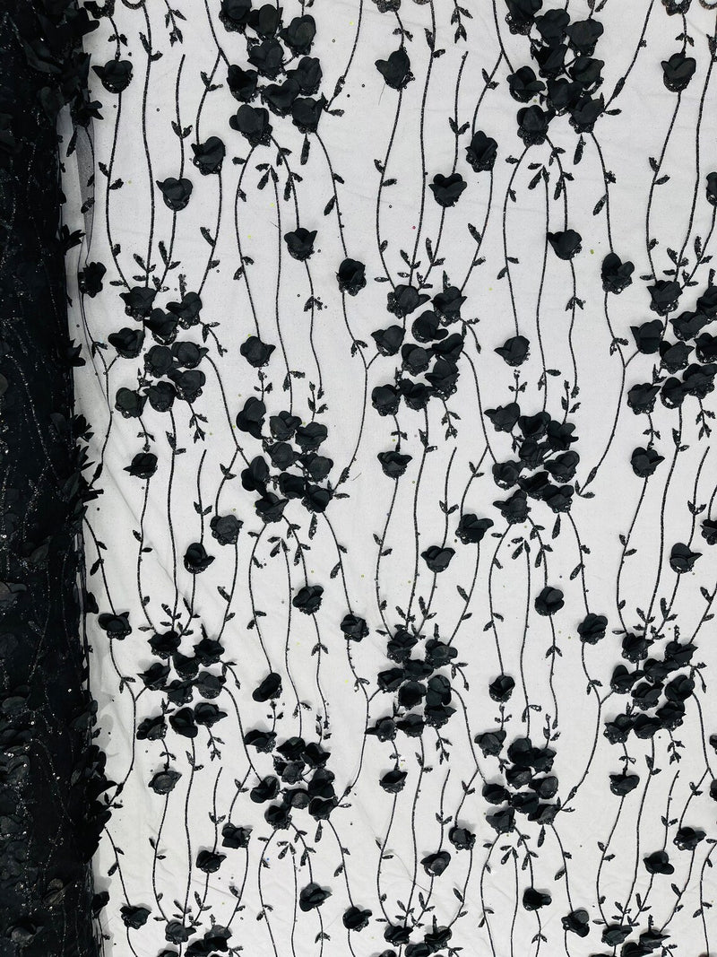 3D Glitter Floral Fabric - Black - 3D Flowers with Sequins and Glitter on Mesh Sold By Yard