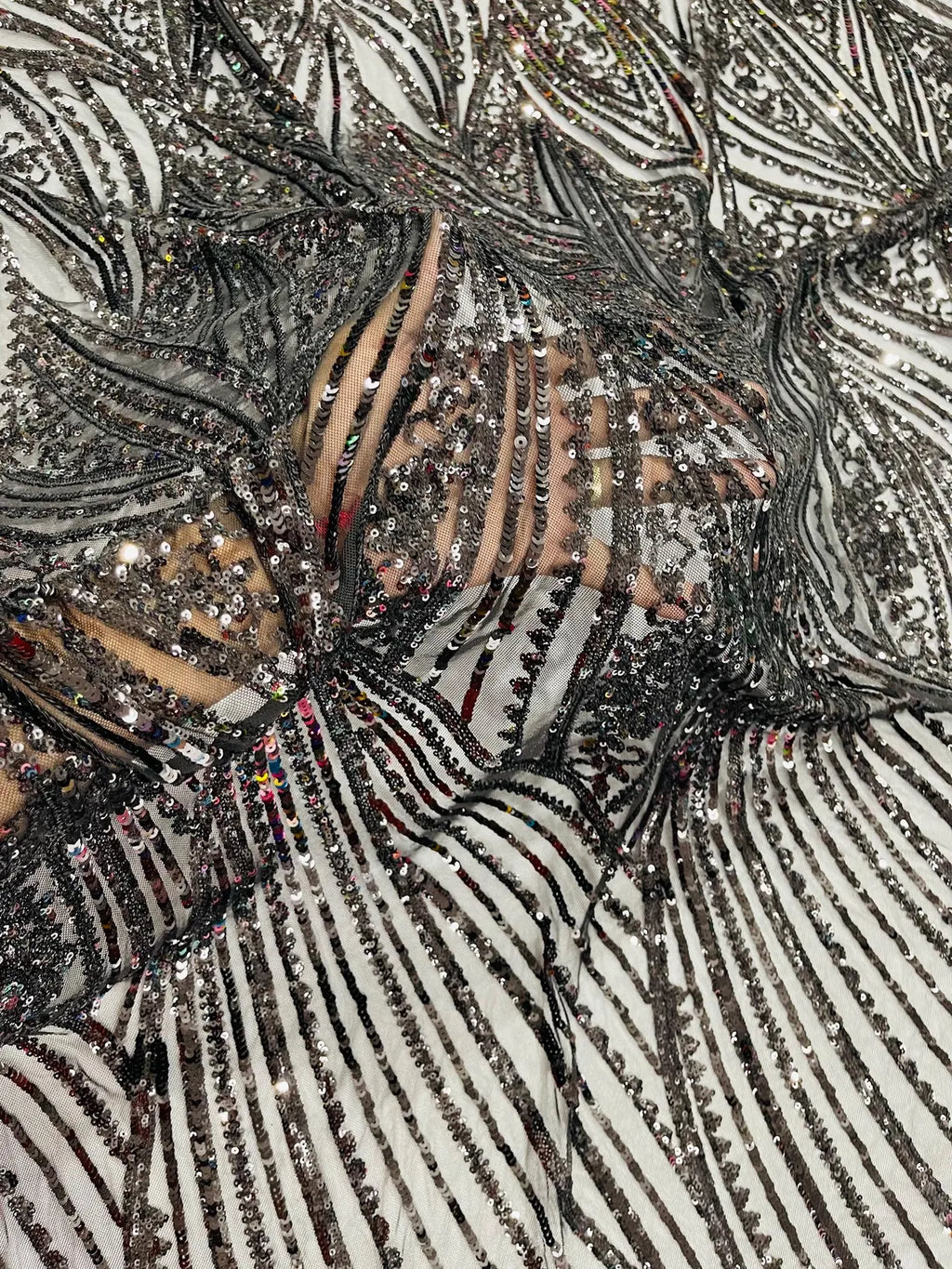 Curvy Line Design Fabric - Black - 4 Way Stretch Sequins Design Mesh Lace Fabric by Yard