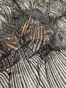 Curvy Line Design Fabric - Black - 4 Way Stretch Sequins Design Mesh Lace Fabric by Yard
