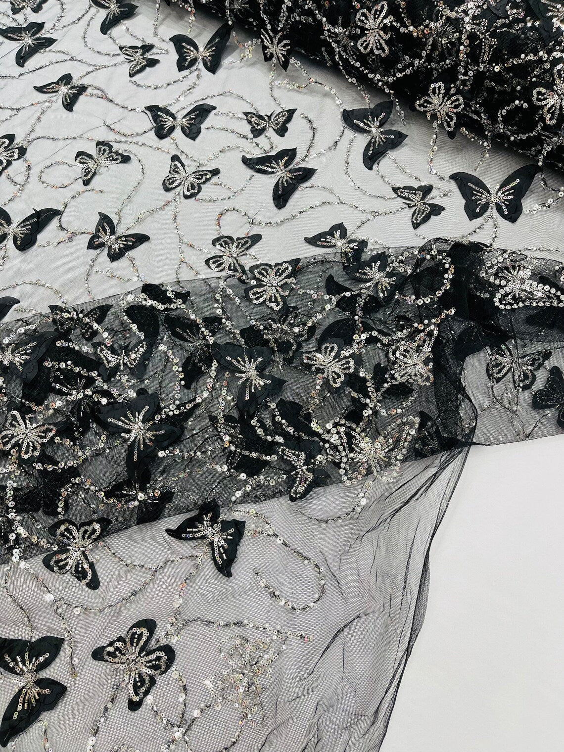 3D Butterfly Beaded Fabric - Black - Beaded Sequins Butterfly Embroidered Fabric By Yard