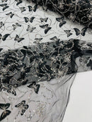 3D Butterfly Beaded Fabric - Black - Beaded Sequins Butterfly Embroidered Fabric By Yard
