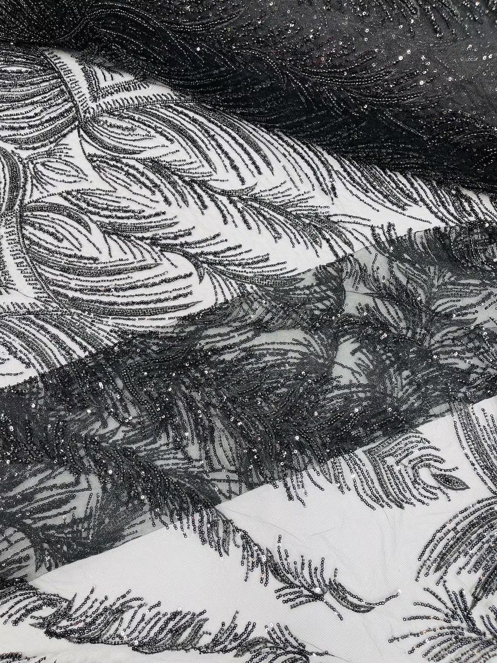 Beaded Lines Fabric - Black - Luxury Beads and Sequins Line Design Fabric By Yard