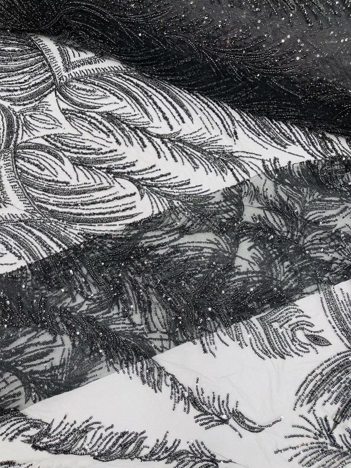 Beaded Lines Fabric - Black - Luxury Beads and Sequins Line Design Fabric By Yard
