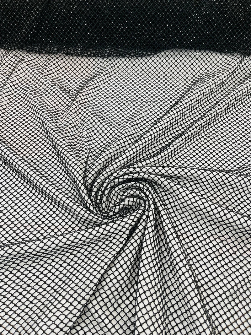 Fish Net Spandex Rhinestone Fabric - Black - Solid Spandex Fish Net Design Fabric with Rhinestones by Yard