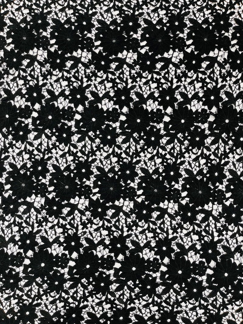 Guipure Lace Design Fabric - Black - Floral Lace Guipure Fabric by Yard