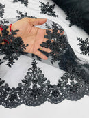 Beaded Floral Fabric - Black - Floral Cluster Design Fabric with Damask Border by Yard