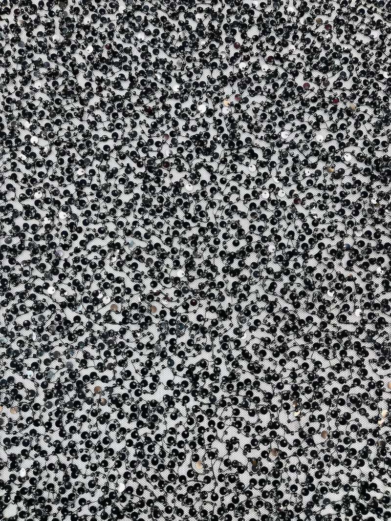 Pearl Sequins Bead Fabric - Black - Small Beads and Sequins Embroidered on Lace By Yard