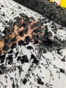 3D Flower Glitter Fabric - Black - Flower Design on Glitter Mesh Fabric Sold By Yard