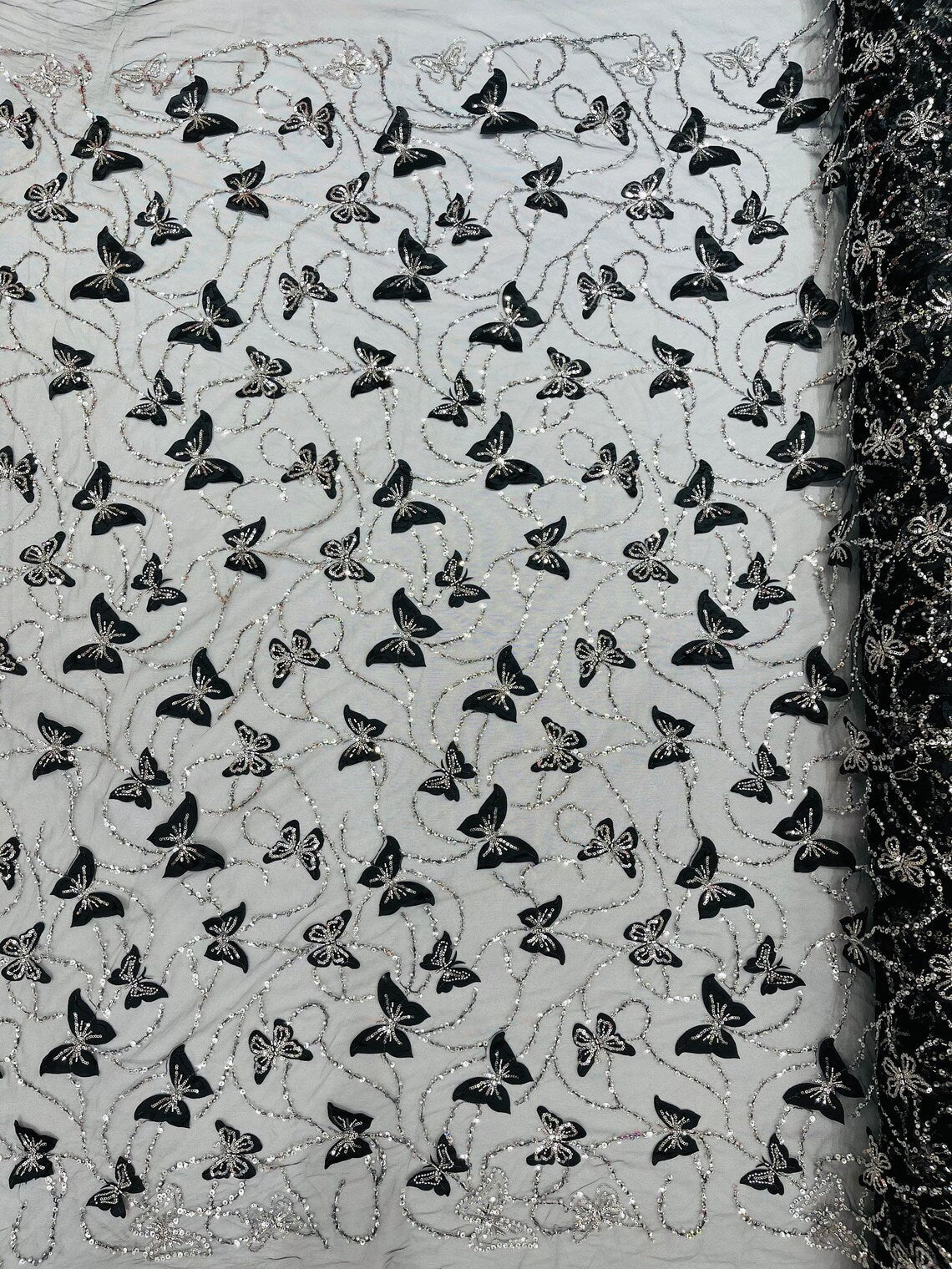 3D Butterfly Beaded Fabric - Black - Beaded Sequins Butterfly Embroidered Fabric By Yard