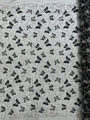3D Butterfly Beaded Fabric - Black - Beaded Sequins Butterfly Embroidered Fabric By Yard