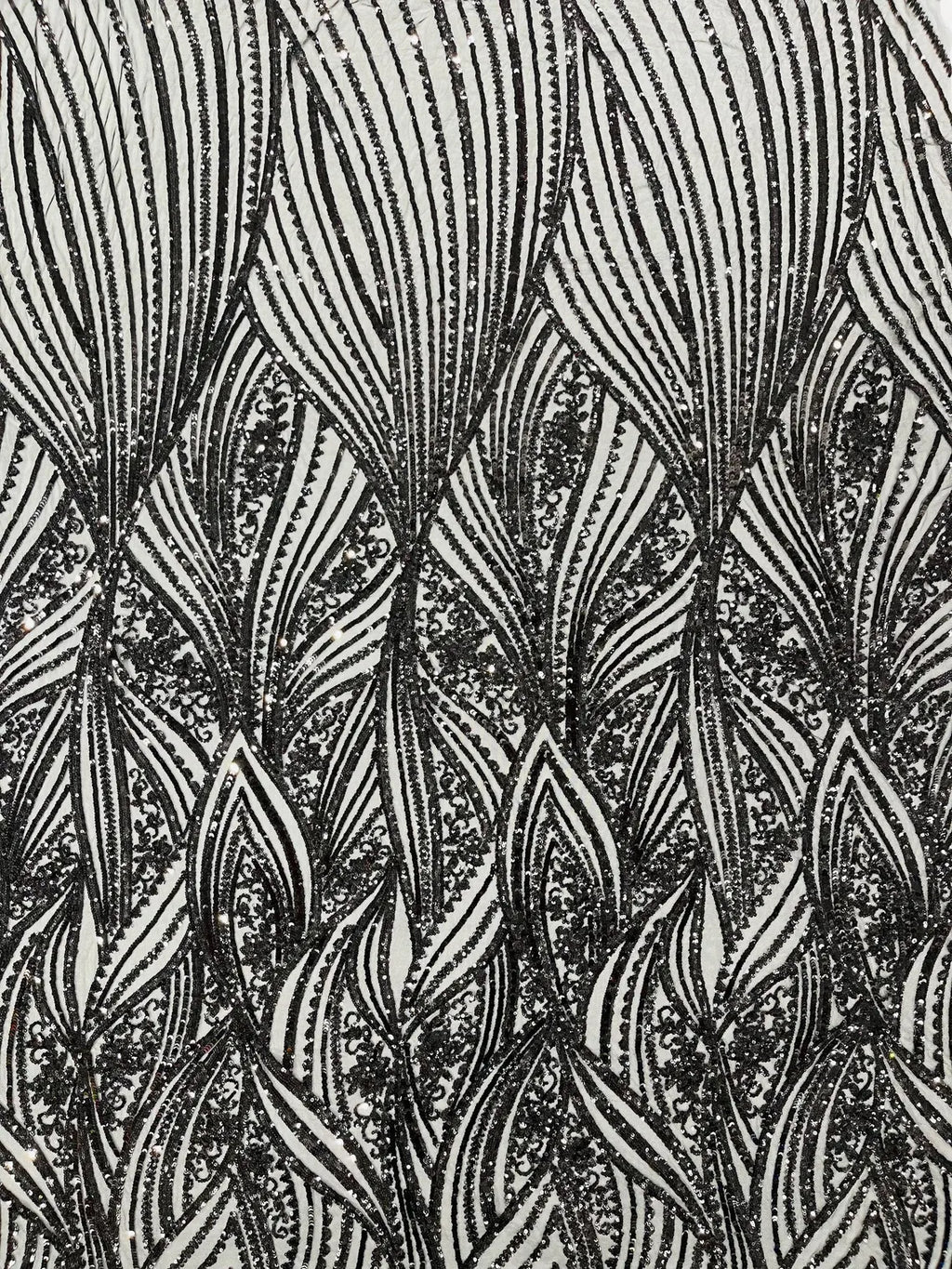 Curvy Line Design Fabric - Black - 4 Way Stretch Sequins Design Mesh Lace Fabric by Yard