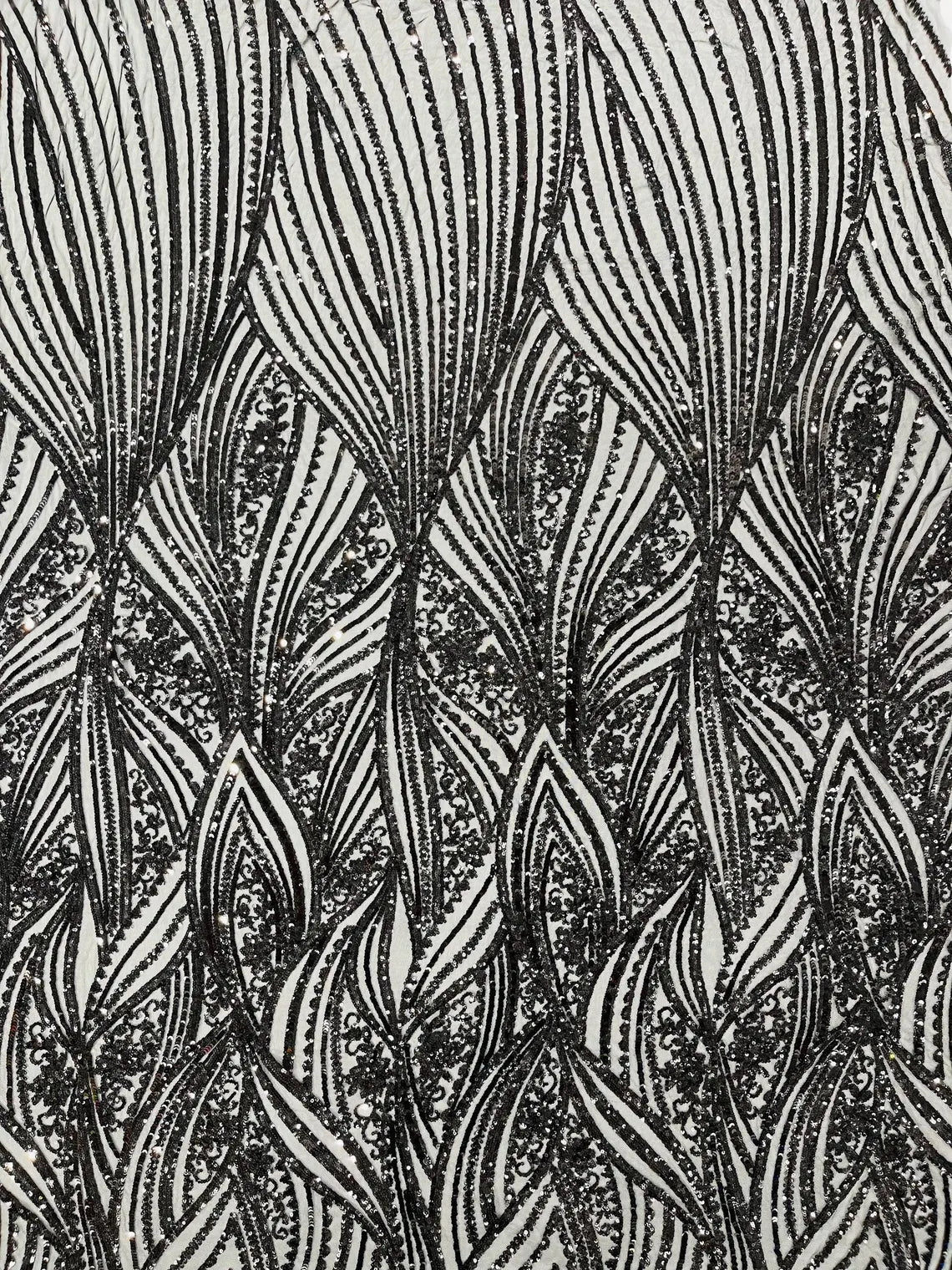 Curvy Line Design Fabric - Black - 4 Way Stretch Sequins Design Mesh Lace Fabric by Yard