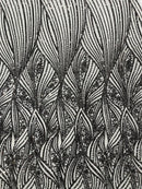 Curvy Line Design Fabric - Black - 4 Way Stretch Sequins Design Mesh Lace Fabric by Yard