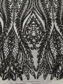 Mermaid Design Sequins Fabric - Black - Sequins Fabric 4 Way Stretch on Mesh By Yard