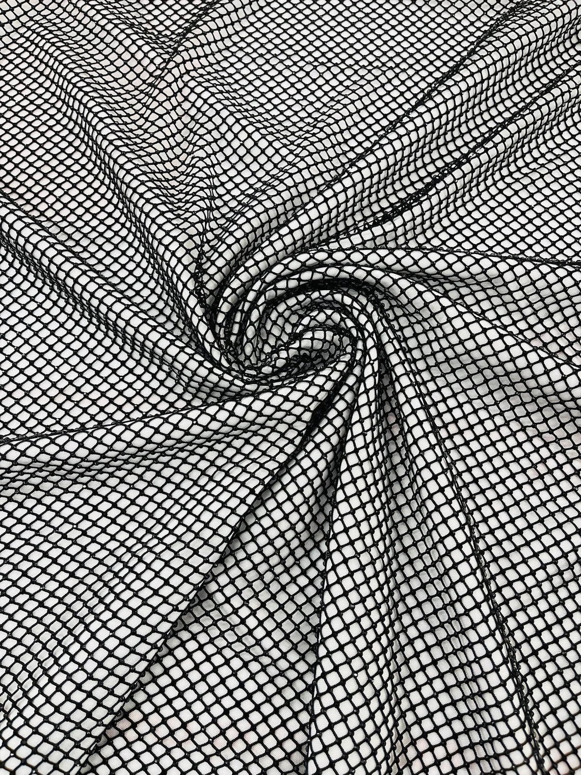 Fish Net Spandex Rhinestone Fabric - Black - Solid Spandex Fish Net Design Fabric with Rhinestones by Yard
