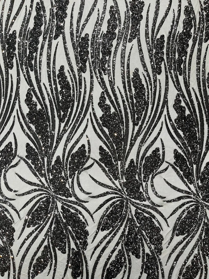 Wavy Leaf Sequins Fabric - Black - Wavy Lines and Leaves Design on Lace Mesh Fabric by Yard