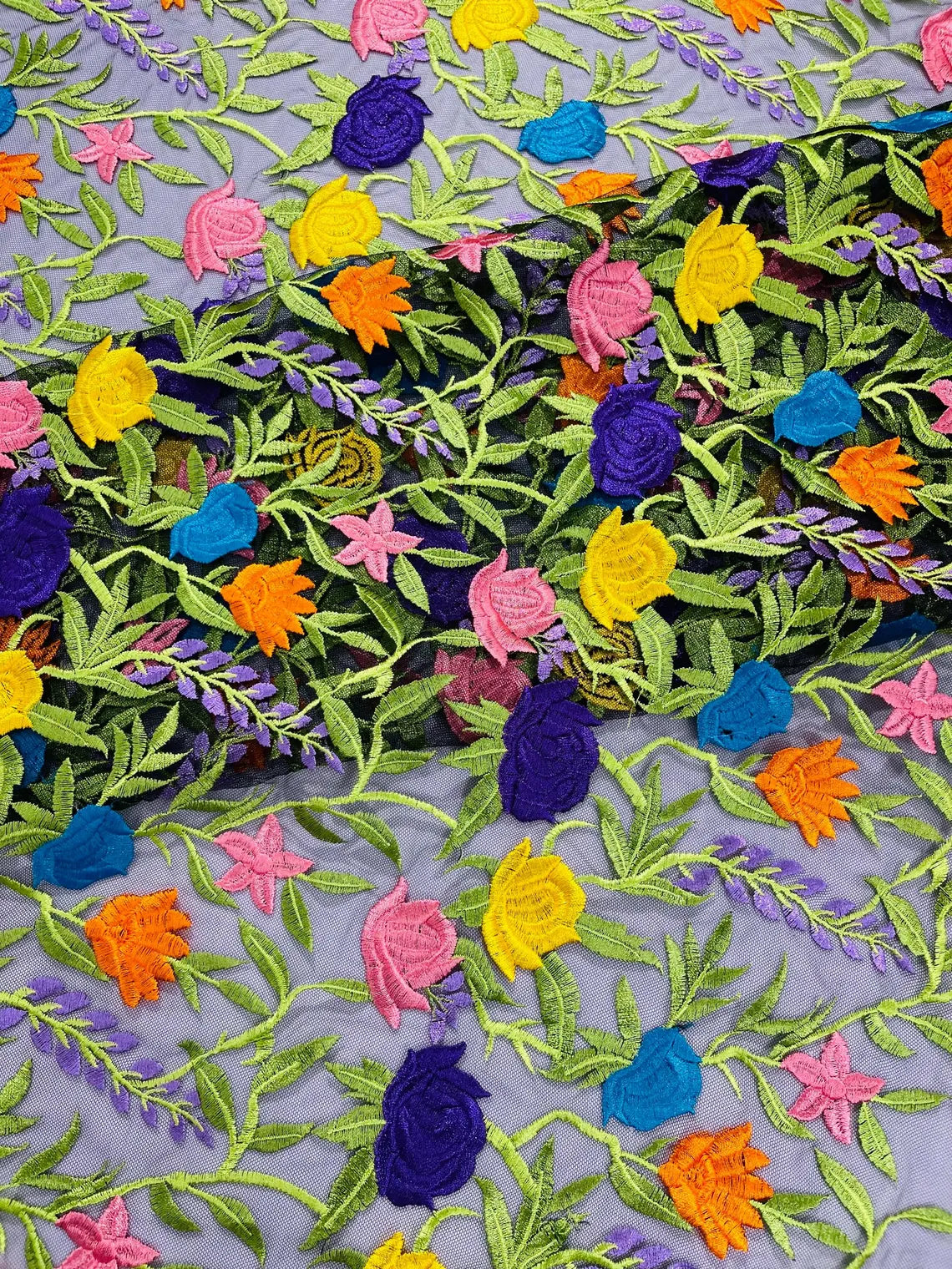 Multi-Color Mexican Sarape Fabric - Black Mesh Flower Design Embroidered Lace Fabric By Yard