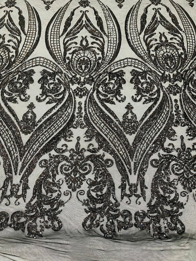 Big Damask Sequins Fabric - Black Holographic - 4 Way Stretch Damask Sequins Design Fabric By Yard