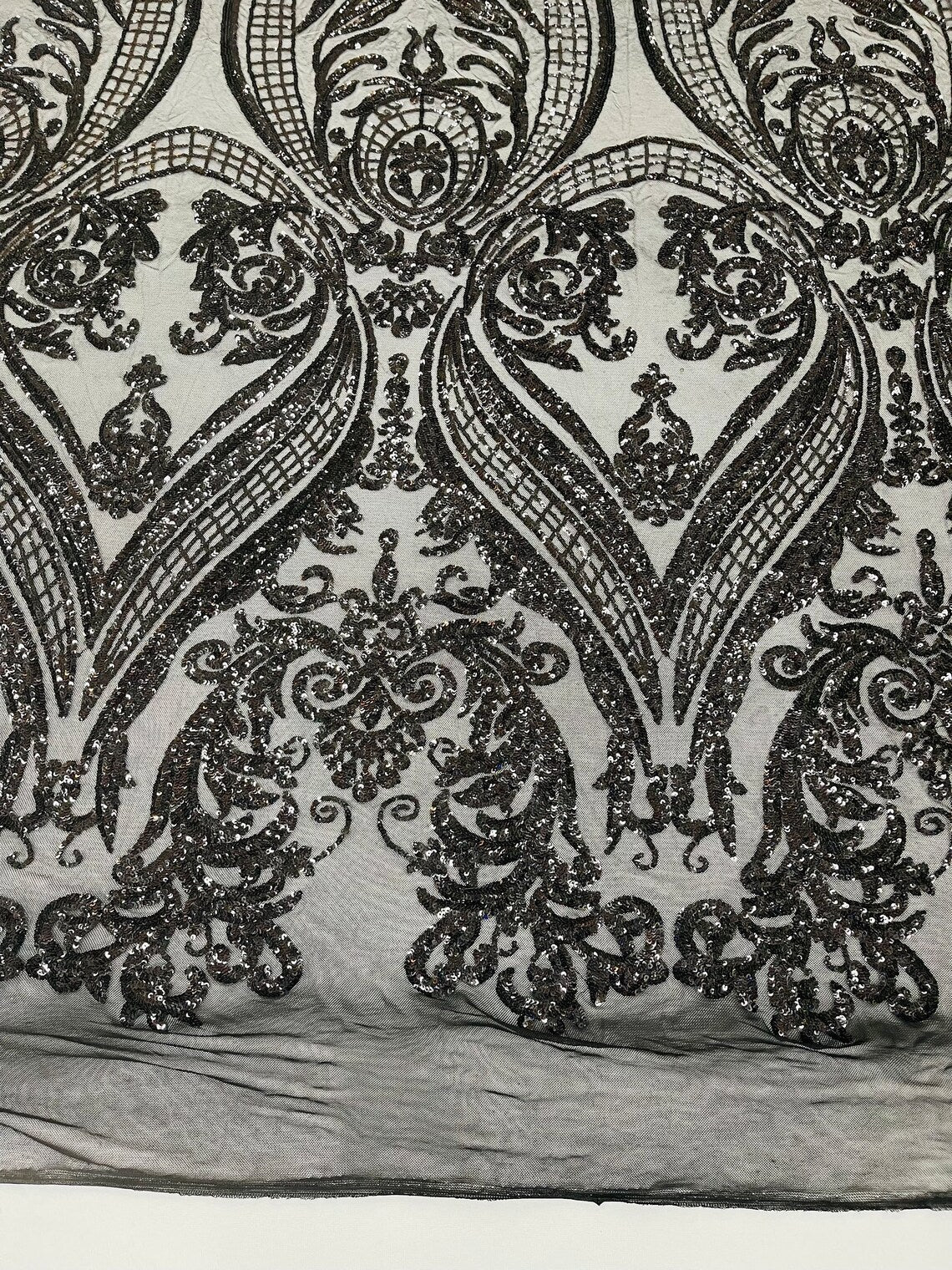Big Damask Sequins Fabric - Black Holographic - 4 Way Stretch Damask Sequins Design Fabric By Yard