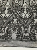 Big Damask Sequins Fabric - Black Holographic - 4 Way Stretch Damask Sequins Design Fabric By Yard