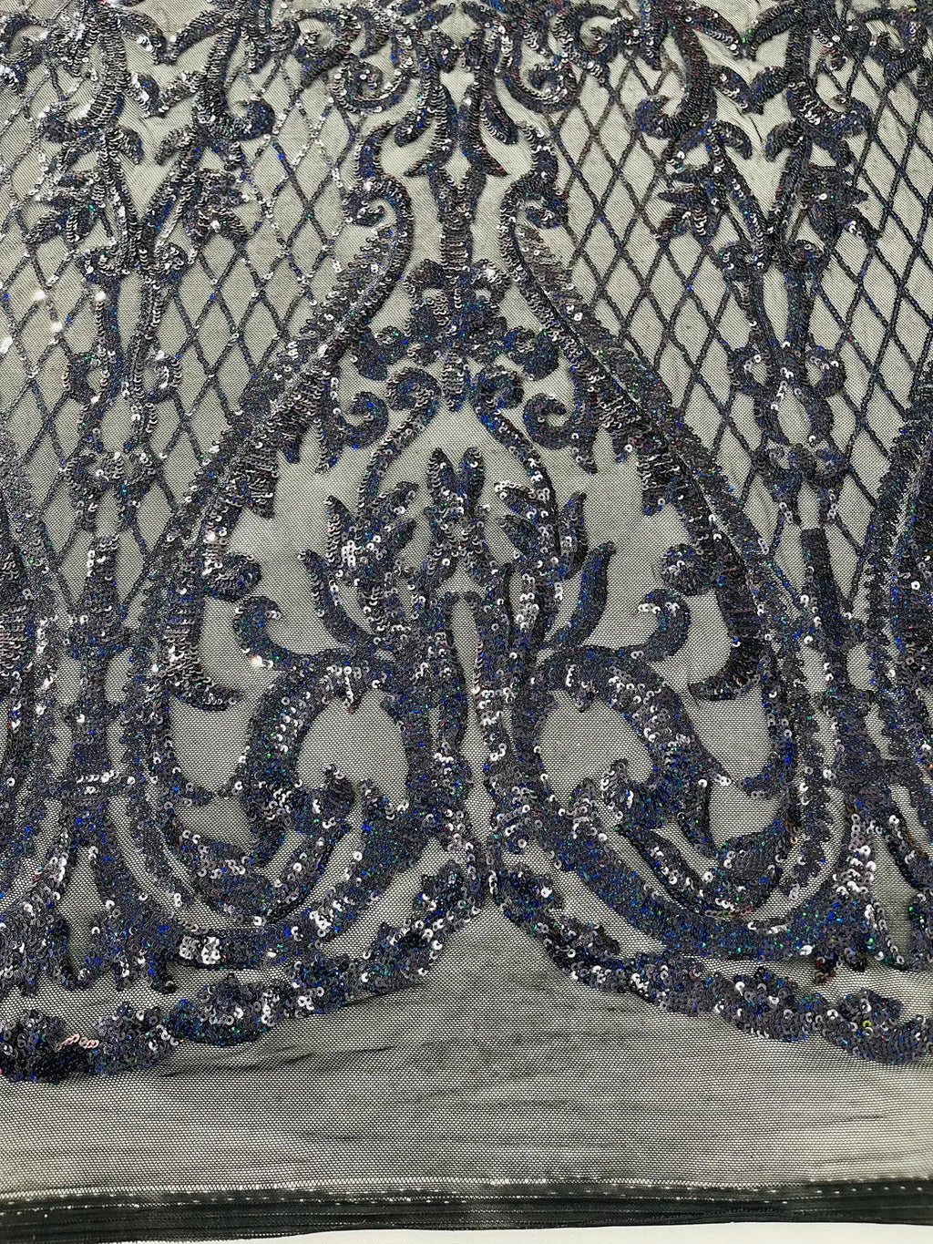 Heart Damask Sequins - Black Holographic - 4 Way Stretch Elegant Shiny Net Sequins Fabric By Yard