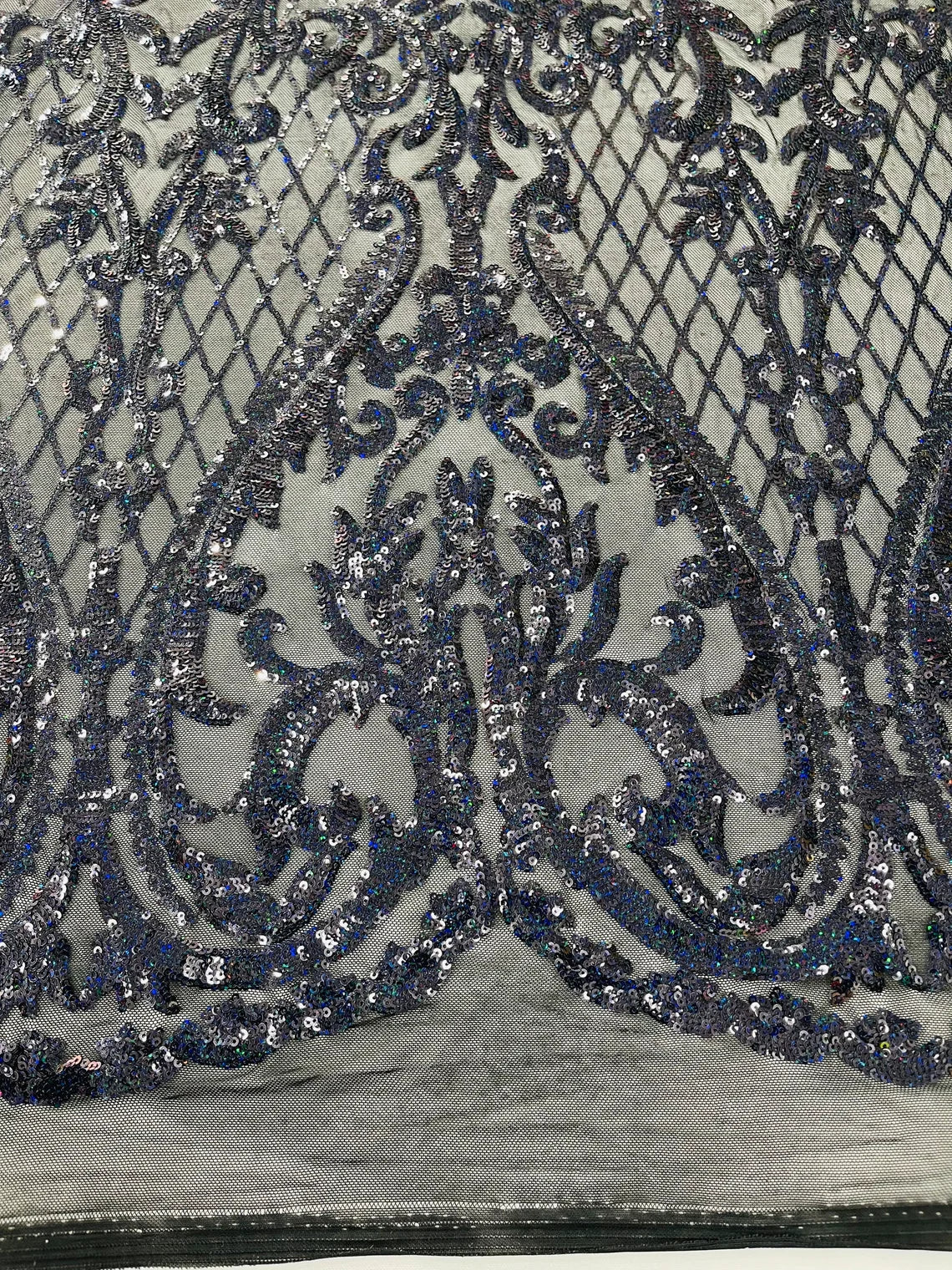 Heart Damask Sequins - Black Holographic - 4 Way Stretch Elegant Shiny Net Sequins Fabric By Yard