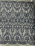 Heart Damask Sequins - Black Holographic - 4 Way Stretch Elegant Shiny Net Sequins Fabric By Yard