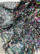 Sword Large Shiny Sequins - Black Iridescent - Hanging Iridescent Sequins On Lace Fabric By Yard