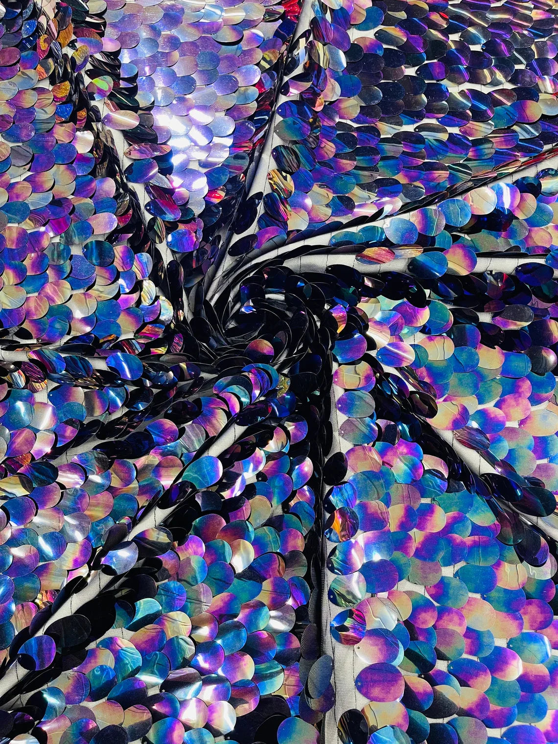 Jumbo Oval Sequins - Black Iridescent - Paillette Big Oval Sequins Design Fabric By Yard