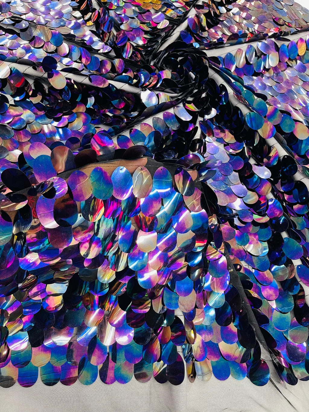 Jumbo Oval Sequins - Black Iridescent - Paillette Big Oval Sequins Design Fabric By Yard