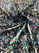 Sword Large Shiny Sequins - Black Iridescent - Hanging Iridescent Sequins On Lace Fabric By Yard