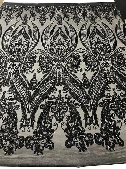 Damask Sequins Fabric - 4 Way Stretch Big Damask Sequins Fabric - Pick Color - 25 Yard Roll