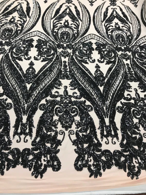Damask Sequins Fabric - 4 Way Stretch Big Damask Sequins Fabric - Pick Color - 25 Yard Roll
