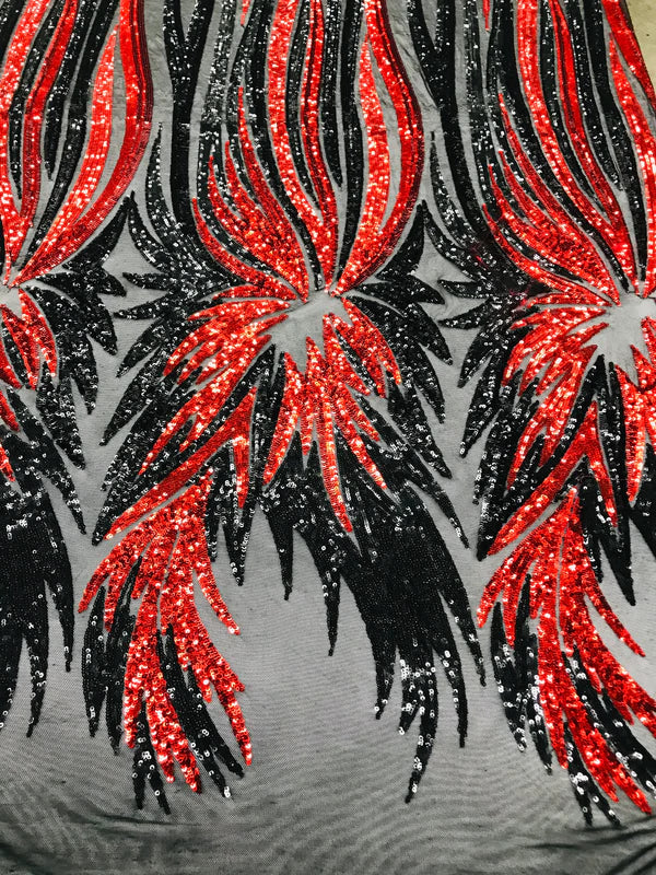 Phoenix Wing Sequins - Black / Red - 4 Way Stretch Wings Pattern Design Fabric By Yard