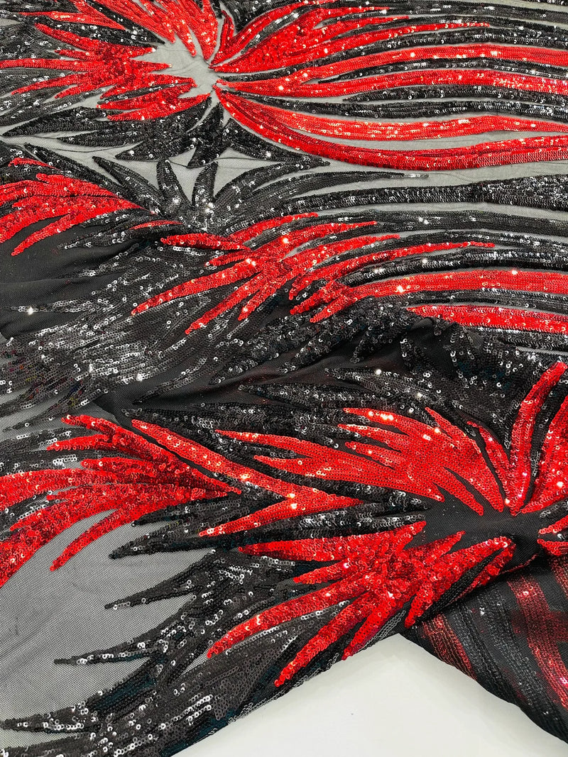 Phoenix Wing Sequins - Black / Red - 4 Way Stretch Wings Pattern Design Fabric By Yard