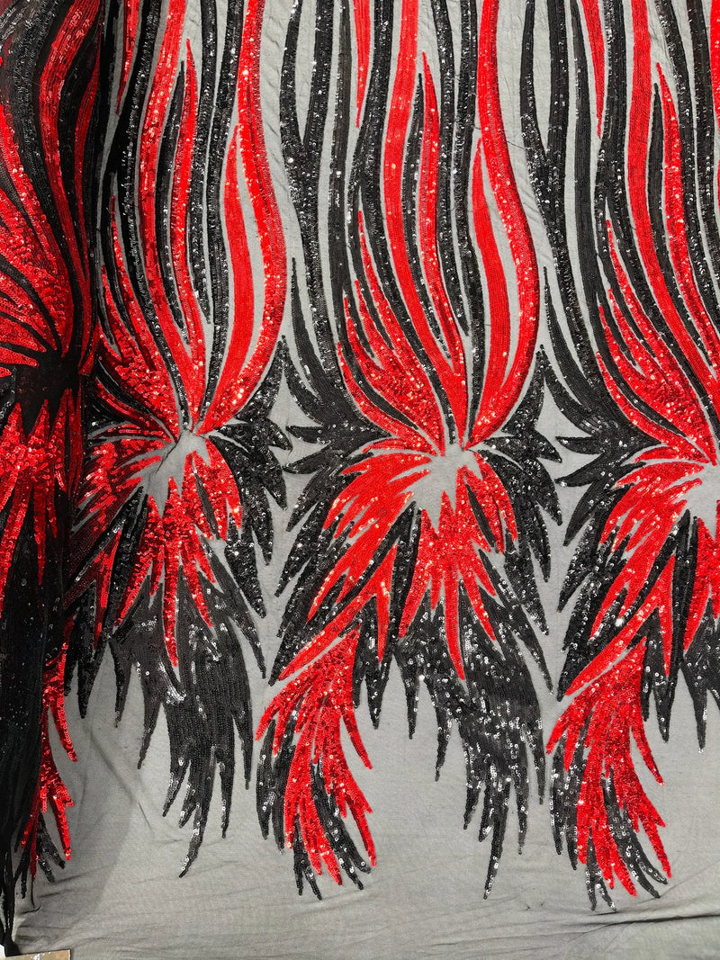 Phoenix Wing Sequins - Black / Red - 4 Way Stretch Wings Pattern Design Fabric By Yard