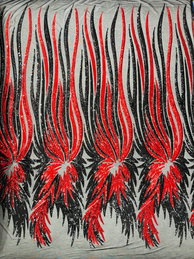 Phoenix Wing Sequins - Black / Red - 4 Way Stretch Wings Pattern Design Fabric By Yard