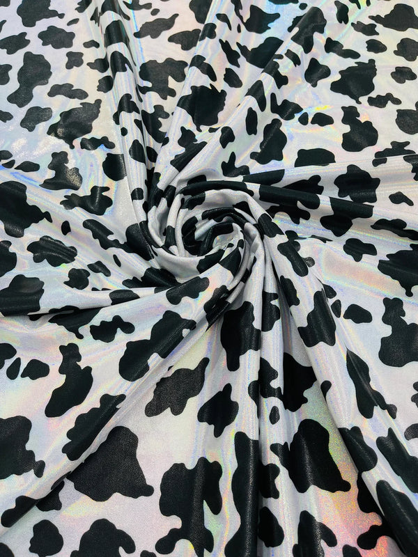Cow Print Design Spandex - Black Holographic -  Poly Spandex 4 Way Stretch Fabric By Yard