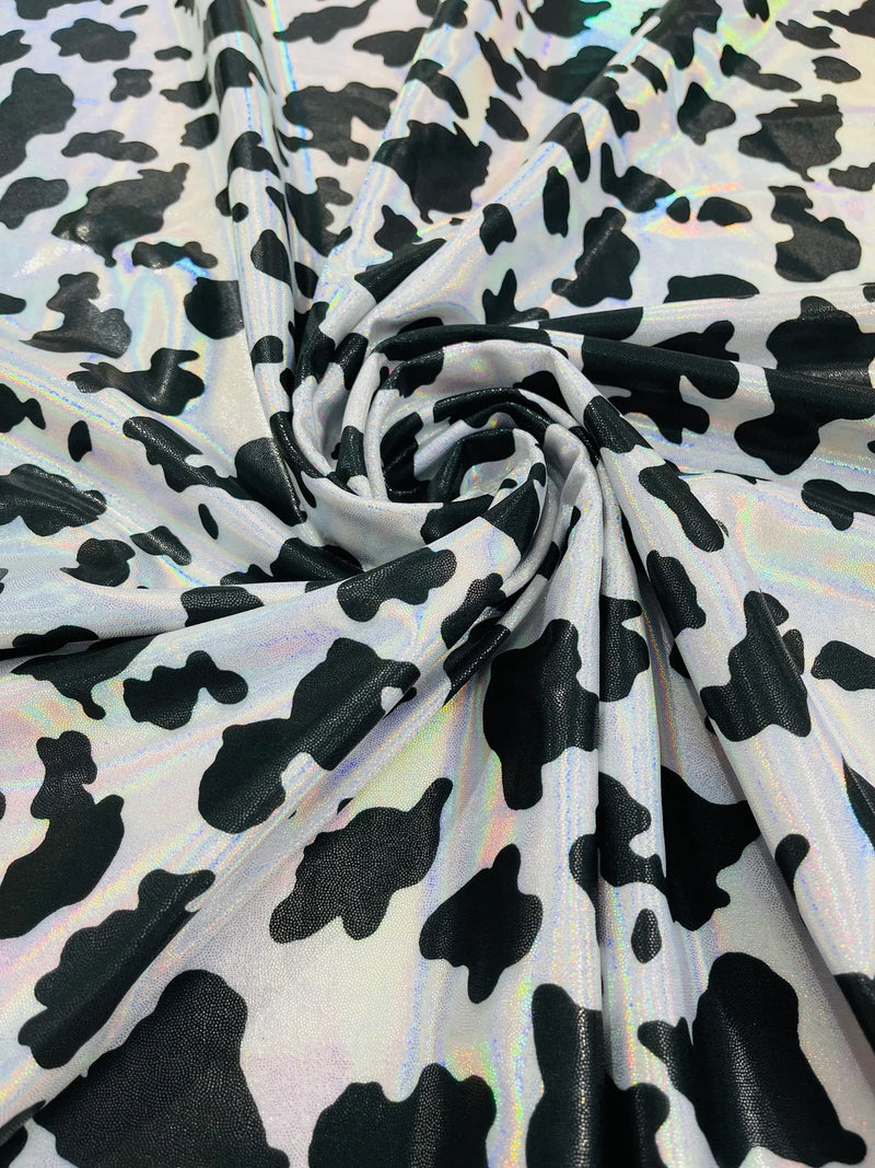Cow Print Design Spandex - Black Holographic -  Poly Spandex 4 Way Stretch Fabric By Yard