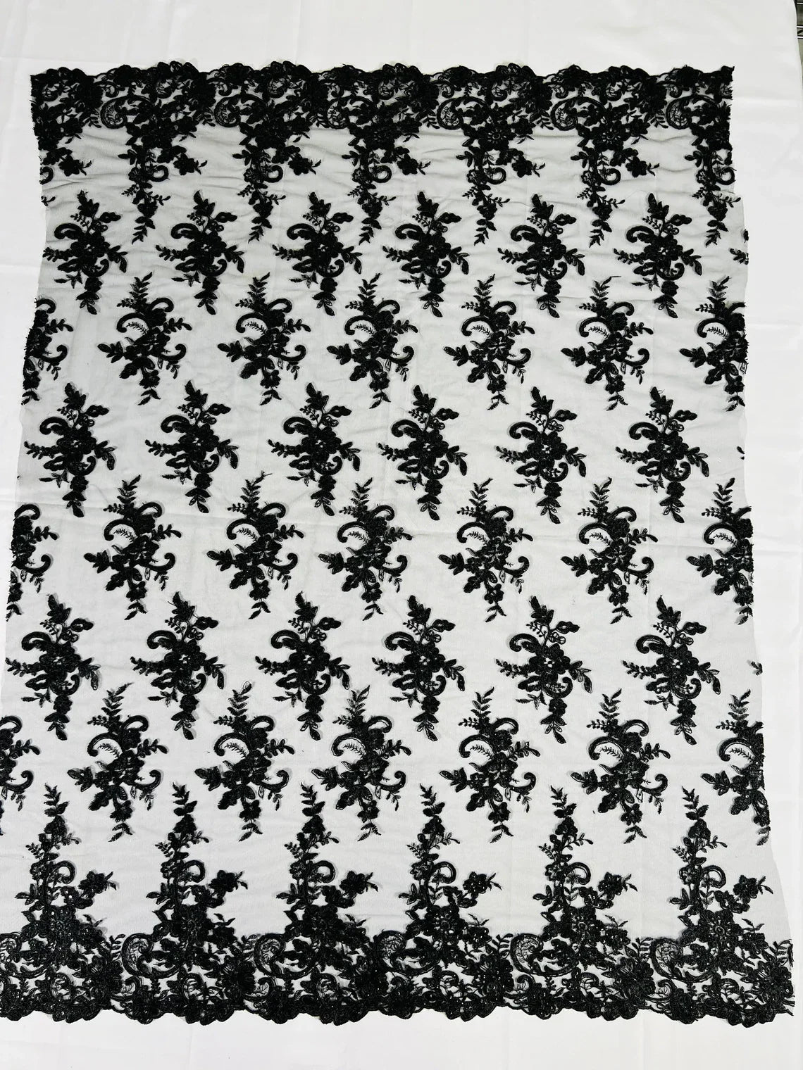 Lace Flower Cluster Fabric - Embroidered Flower With Sequins on a Mesh Lace Fabric - 25 Yard Roll