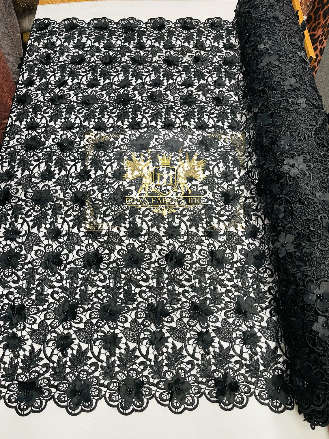 Guipure Floral Lace Fabric - Black - Floral Pearls Guipure Fabric Sold By Yard