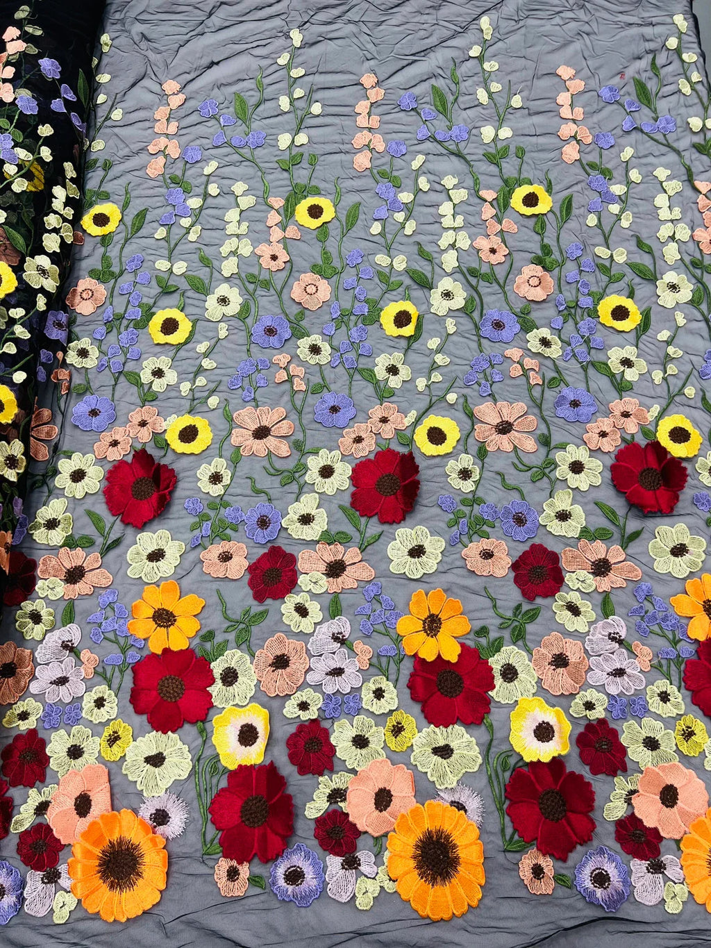 3D Floral and Leaves Embroidery - Black - Multi Color Flower Design on Mesh by Yard