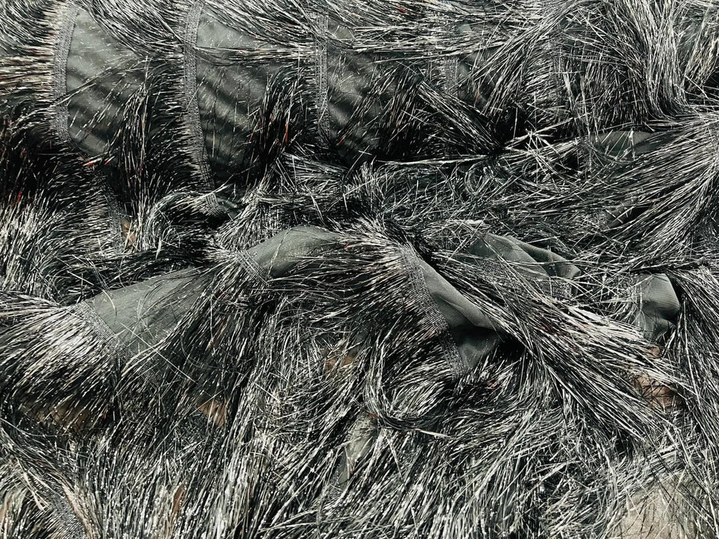 Metallic Fringe Eyelash Design - Black - Embroidered 2 Way Stretch Fancy Fringe By Yard
