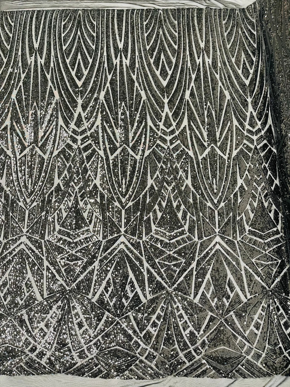 Geometric Fabric - Black  - Geometric Sequins Pattern Design 4 Way Stretch Sold By Yard