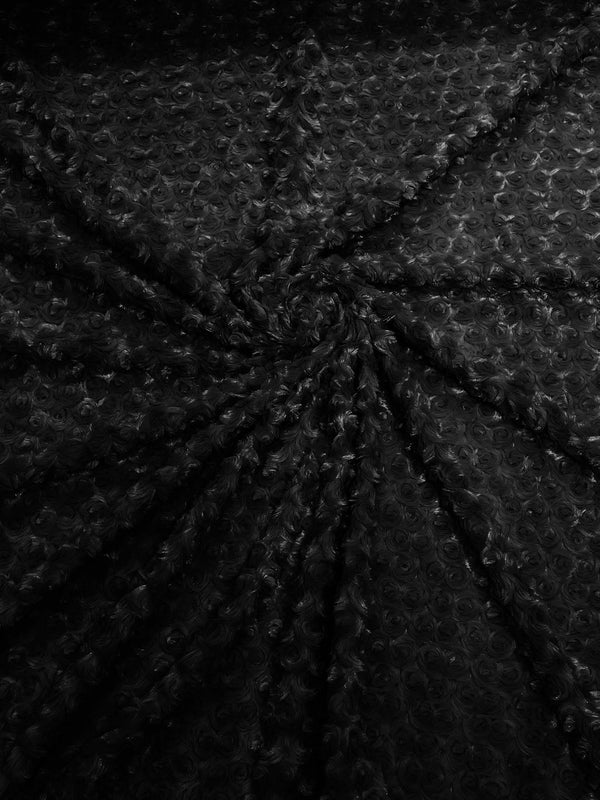 58" Minky Swirl Rose Fabric - Black - Soft Rosebud Plush Fur Fabric Sold By The Yard