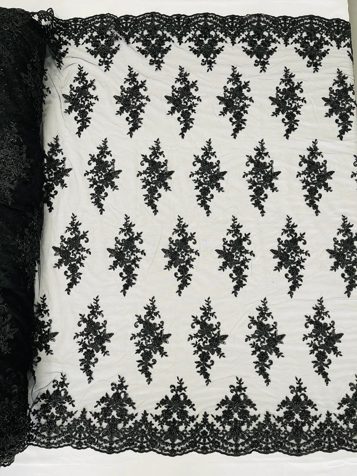 Beaded Shiny Floral Cluster - Black - Embroidered Luxury Floral Design by Yard