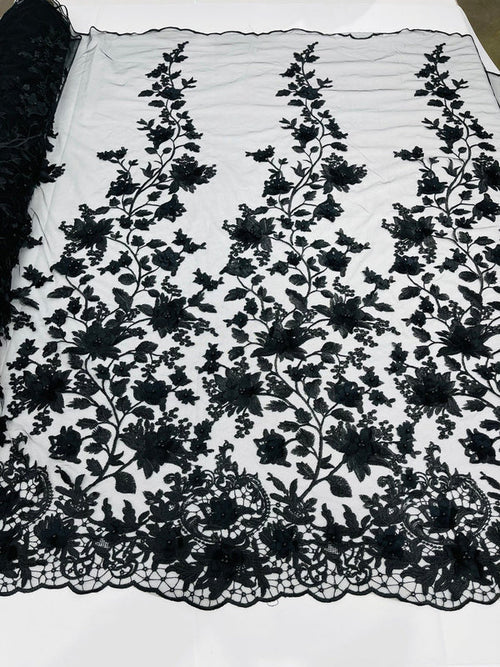 3D Pearl Floral Fabric - Floral Design Embroidered on Mesh Lace Fabric - 25 Yard Roll