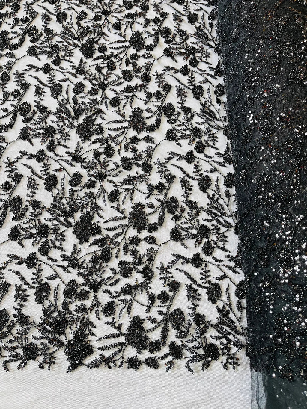 Floral Pattern Beaded Fabric - Black - Embroidered Bead & Sequins Wedding Bridal Fabric Sold By The Yard