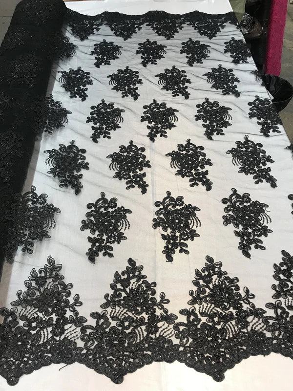 Flower Lace Fabric - Floral Clusters Embroidered Lace Mesh Fabric - 25 Yard Roll