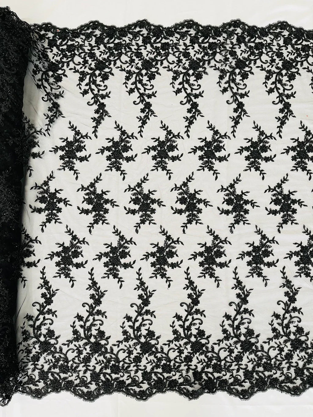 Beaded Floral Cluster - Black - Fancy Embroidered Glamorous Floral Design by Yard